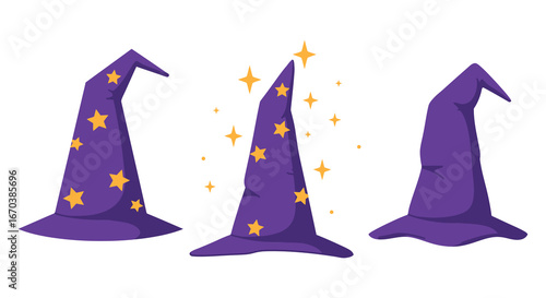 Three purple magic witches hats with gold stars and sparkles on white background