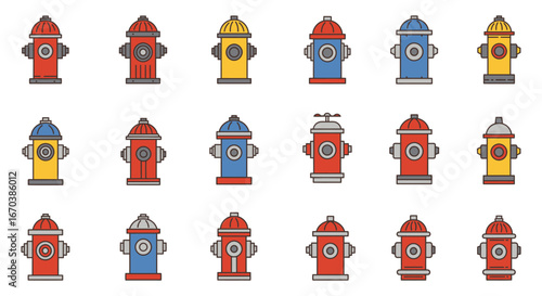 Colorful illustration of various fire hydrants in different colors and designs