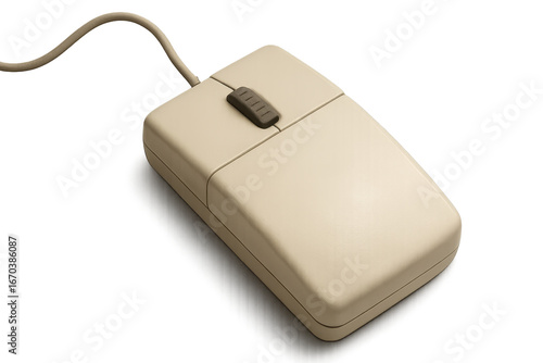 Vintage beige computer mouse with cable on transparent background