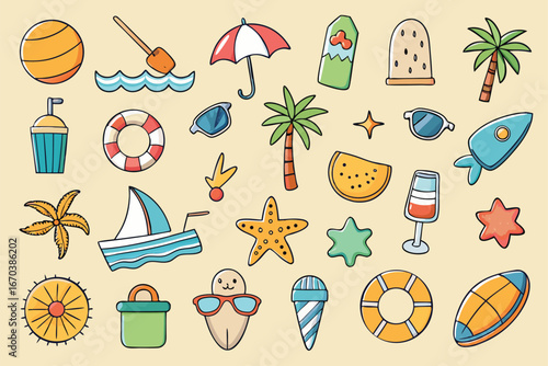 Vector art of assortment of summer beach and vacation doodles featuring ice cream, sunglasses, palm trees, and beach umbrella