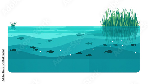 Underwater ecosystem with fish swimming in a pond with grass growing on the edge