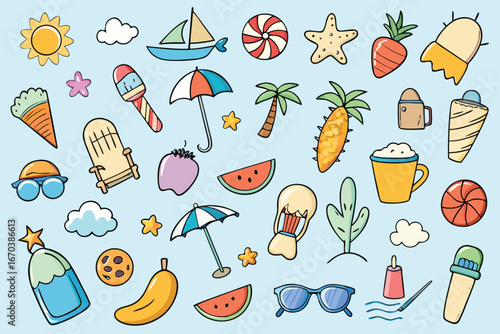 Vector art of variety of summer holiday and beach symbols including ice cream, sunglasses, palm trees, and beach umbrella
