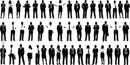 Black business professional silhouettes in formal attire, diverse poses and gestures, corporate environment, workplace diversity, marketing design, vector illustration