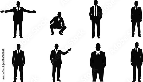 Black silhouette vector set of business men in suits, showing various professional poses, gestures, and formal body language