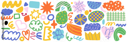 Playful abstract shape with Memphis design elements and organic doodle forms for a fun vector background or graphic sticker. This trendy set features hand-drawn stars, clouds, and happy blobs in a ret