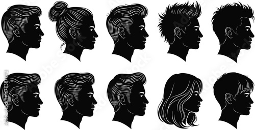 Black silhouette vector set of male and female hairstyle profiles, showcasing diverse haircuts, side views, and modern hair design