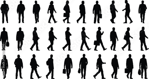 Black silhouettes of diverse people walking, various poses and postures, carrying bags, gait analysis, motion study, human stride vector illustration