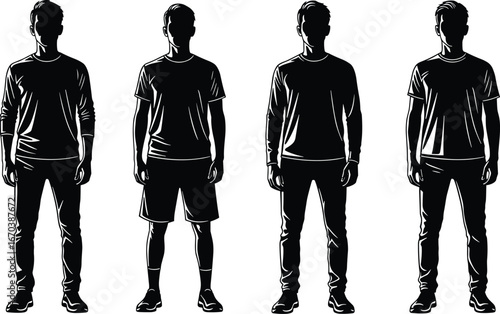 Black silhouettes of male figures in various clothing styles, short and long sleeves, shorts, pants, fashion, posture, vector illustration