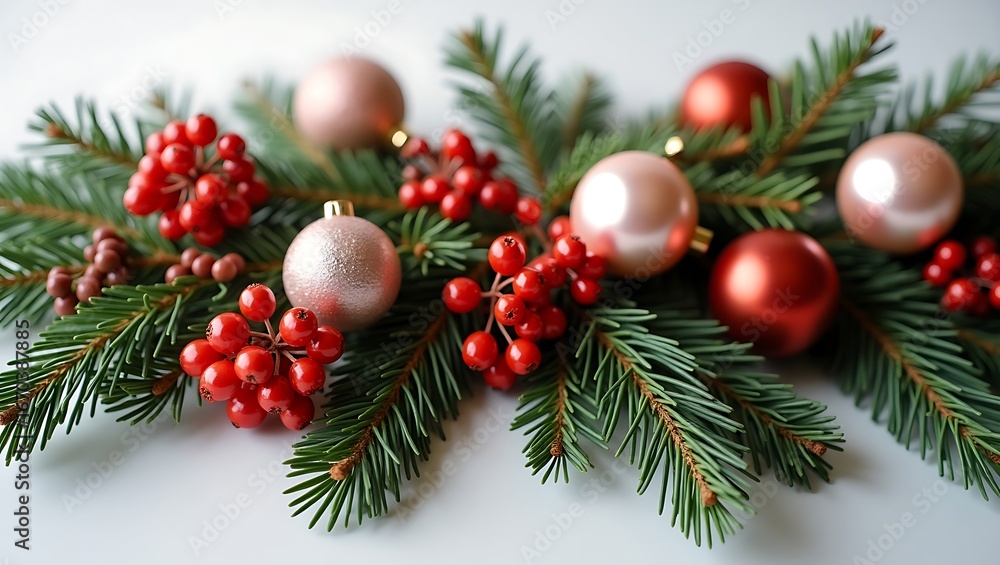 Obraz premium Festive Christmas Arrangement with Red Berries and Ornaments