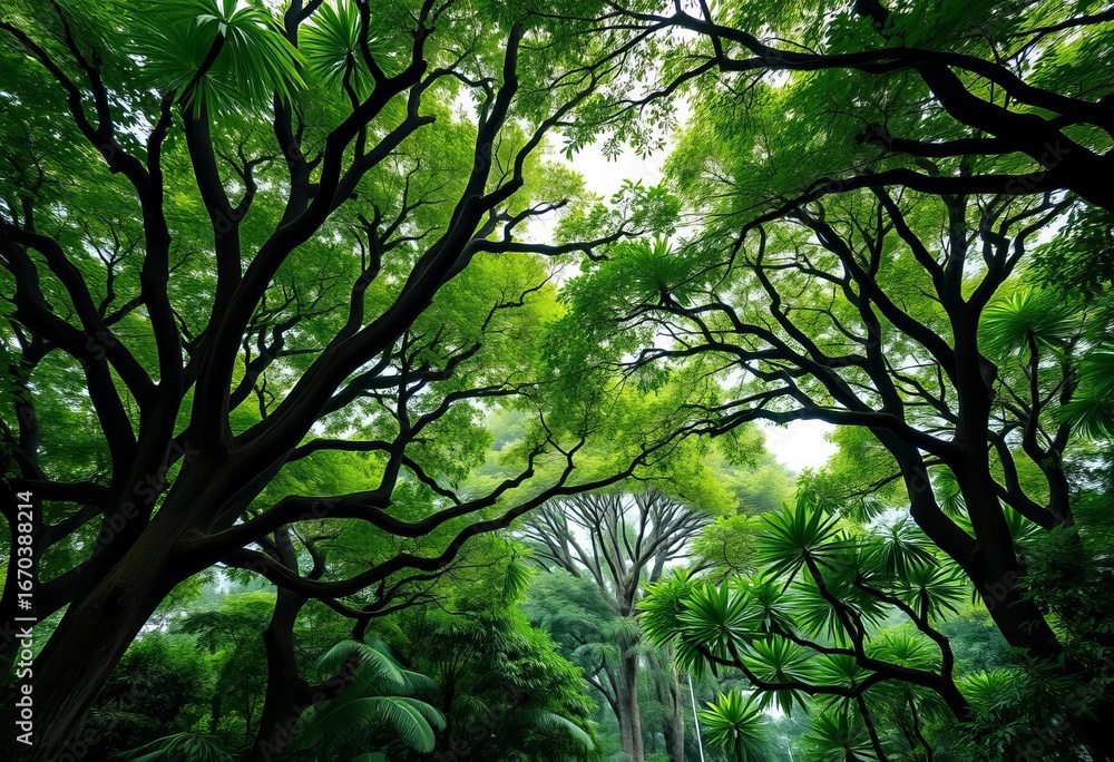 Obraz premium Lush green canopy, vibrant flora, dense foliage, ancient trees, humid air, jungle, wallpaper
