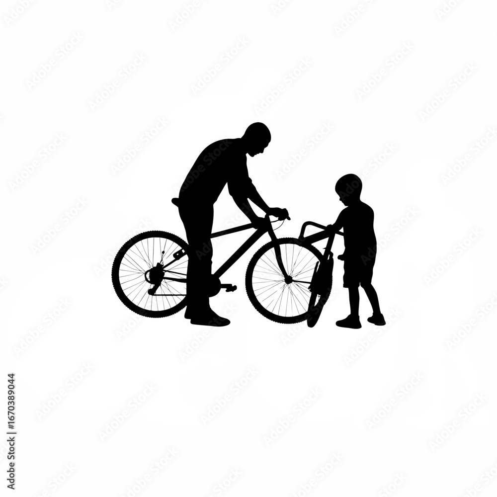 Naklejka premium Father and son fixing bicycle silhouette isolated on white background