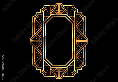 Art deco frame with golden geometric lines, roaring 20s frame for retro party poster