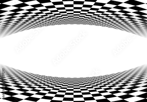 Black and white checkered perspective grid frame. Chessboard floor and ceiling, top and bottom tiled frame