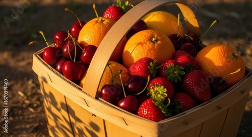 Fresh Fruit Basket with Oranges Strawberries and Cherries in Natural Wooden Basket