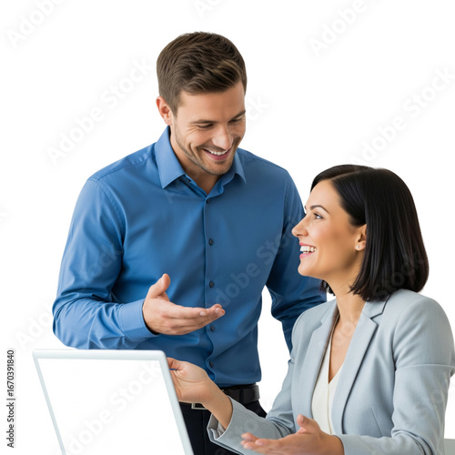 Enthusiastic business colleagues collaborating on a project, sharing ideas with a laptop, smiling and enjoying the teamwork, showcasing positive and effective workplace communication