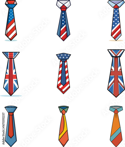 Collection of Illustrated Neckties: USA, UK Flags, and Modern Stripes; Flat Design Style; Patriotic and Stylish Mood.