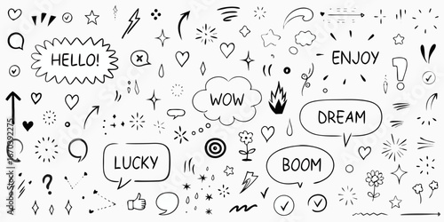 Black and White Hand Drawn Doodle Elements with Text and Symbols vector illustration