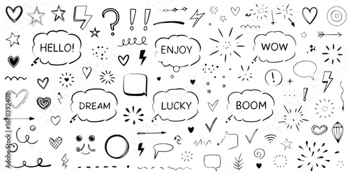 Collection of Hand Drawn Doodle Elements and Speech Bubbles with Words sketch drawing