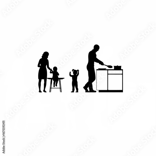 Family cooking together kids playing nearby silhouette isolated on white background