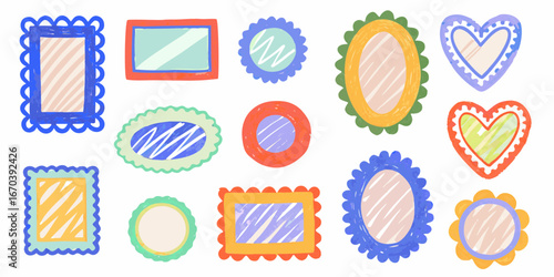 Collection of colorful hand drawn doodle frames in various shapes and sizes border