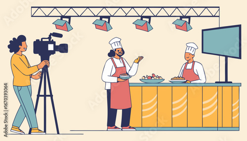Popular cooking show concept. Camera man and stage manager shooting smiling chefs cooking and talking at kitchen counter. For TV show production, television, coking contest topics 