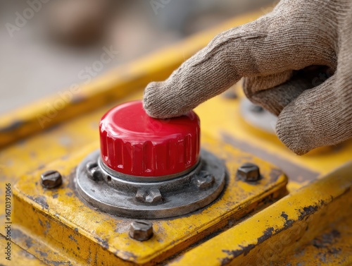Gloved hand pressing industrial red emergency stop button on yellow machinery panel