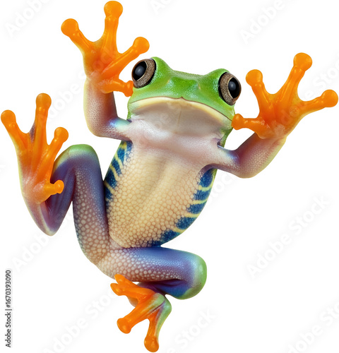 Vibrant green tree frog with orange toes and blue markings upside down clinging to a surface green frog transparent background