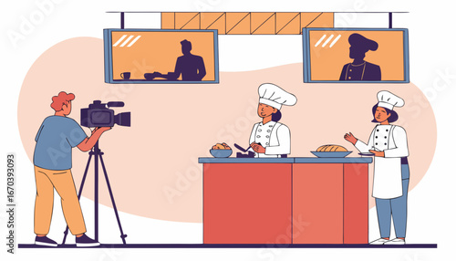 Popular cooking show concept. Camera man and stage manager shooting smiling chefs cooking and talking at kitchen counter. For TV show production, television, coking contest topics 