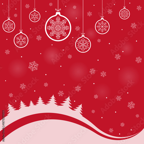 Red chrismas card design with winter landscape, pine forest, baubles illustration. Winter holidays concept card design to use for merry christmas greetings, winter advertising, happy new year card.