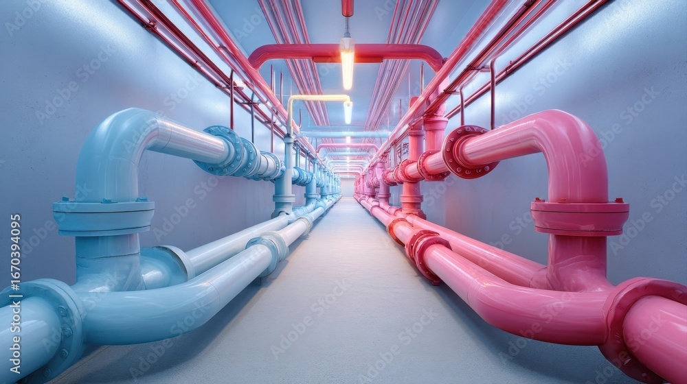 A corridor with large blue and pink industrial pipes running along both sides, creating a symmetrical, colorful, modern industrial scene. A corridor with large blue and pink industrial pipes running along both sides, creating a symmetrical, colorful, modern industrial scene.