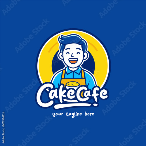 a smiling man wearing an apron is holding a steaming cup of coffee