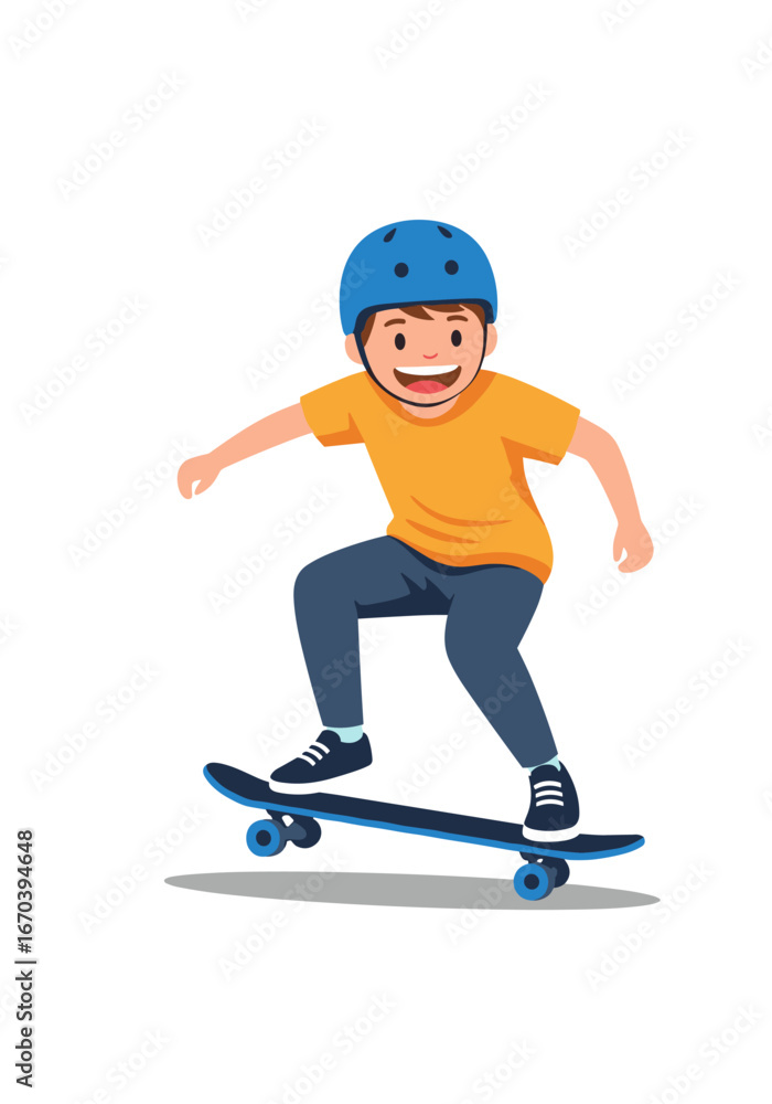 Obraz premium Cheerful young boy skateboarding with a helmet for safety and a bright smile expressing excitement
