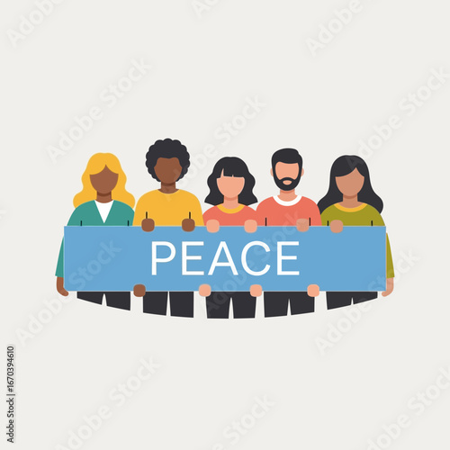 Diverse people hold a banner promoting peace and unity.