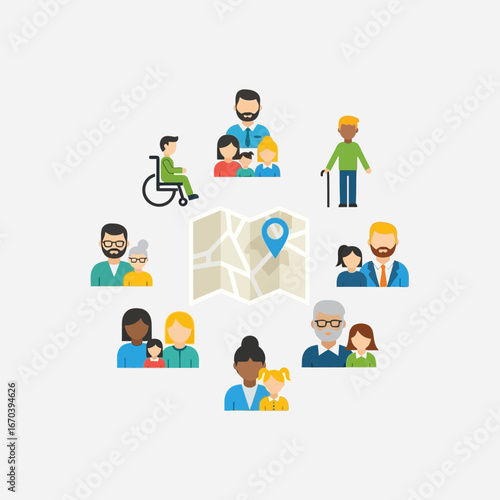 Diverse people and a map with location pin arranged in a circle.