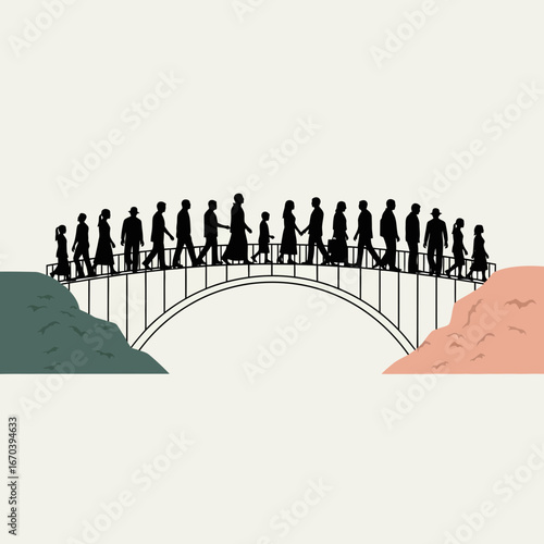 Silhouettes of people walk across a bridge connecting two landmasses.