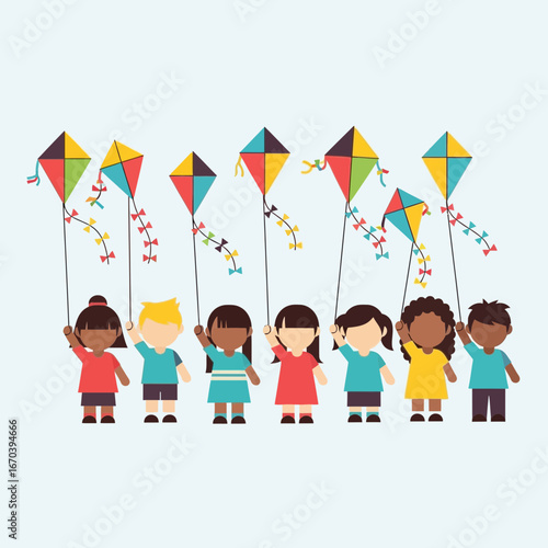 Diverse children happily flying colorful kites in a clear sky.