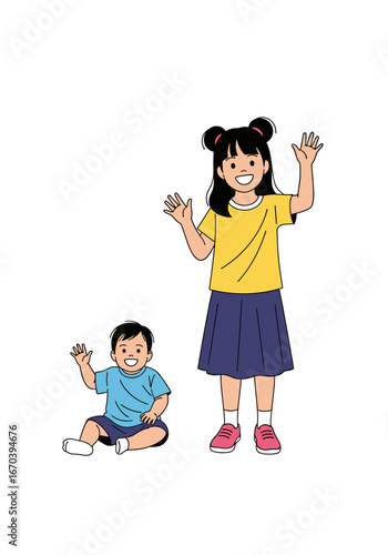 Adorable cartoon siblings waving hello with cheerful smiles and bright clothes, full of childhood joy