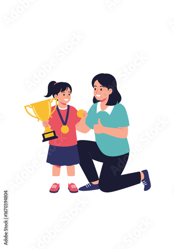 Proud mom celebrates daughter's victory with gold medal and trophy in hand feeling so happy together
