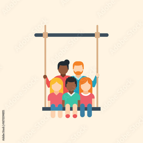 Diverse family enjoying a swing together outdoors.