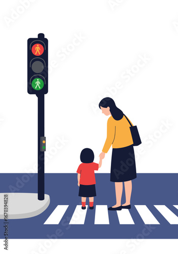 Woman guiding child safely across street at pedestrian crossing with green traffic light symbol