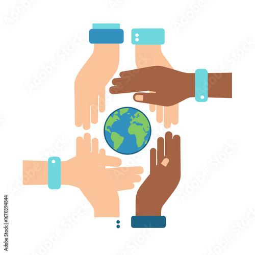 Diverse hands surround a small globe symbolizing unity and global connection.