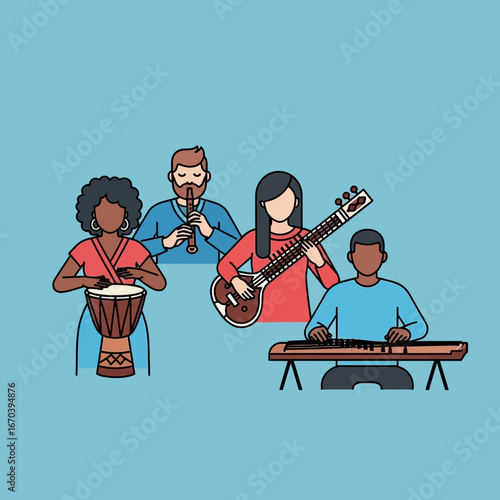 Diverse group of people playing various musical instruments together.