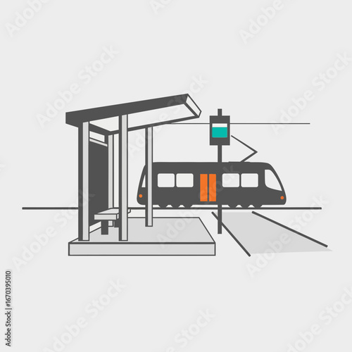 Tram at a station with shelter and signage.