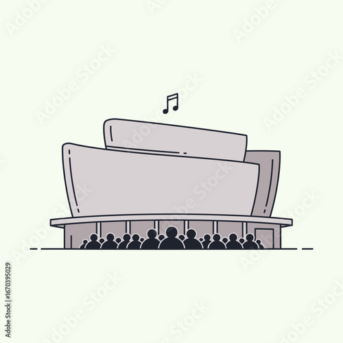 Modern building with audience and musical note above.