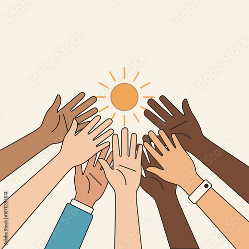 Diverse hands reach up towards a bright sun symbol.