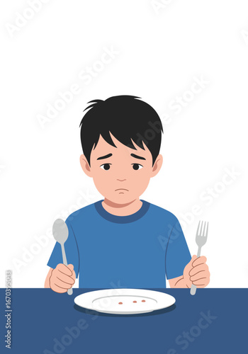 Sad boy refusing to eat dinner with spoon and fork at the table, picky eater concept illustration