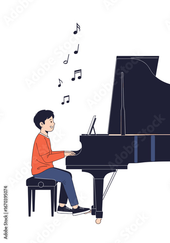 Joyful young pianist playing beautiful music on grand piano, perfect for lessons or classical concert posters