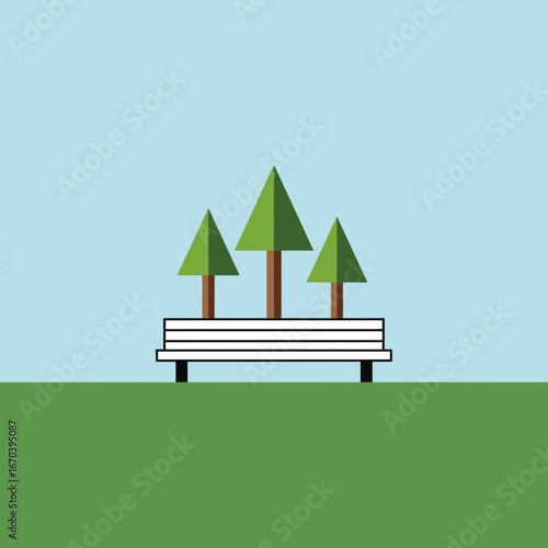 Three stylized trees grow from a planter on a bench.