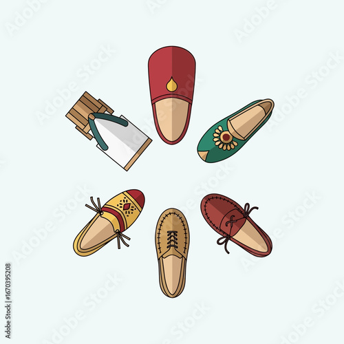 A collection of colorful slippers arranged in a circular pattern.