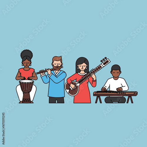 Diverse group of people playing various musical instruments together.